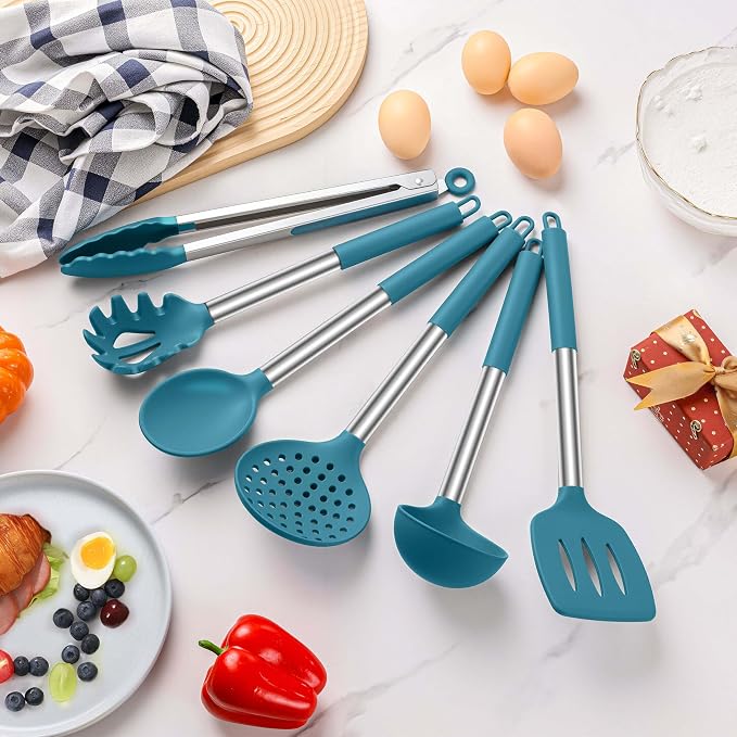 LIANYU Silicone Kitchen Utensils, 6 Pcs Cooking Utensils Spatula Set, Blue | Slotted Turner, Spoon, Soup Ladle, Pasta Server, Skimmer, Tongs for Nonstick Cookware, Heat Resistant, Stainless Steel Handle