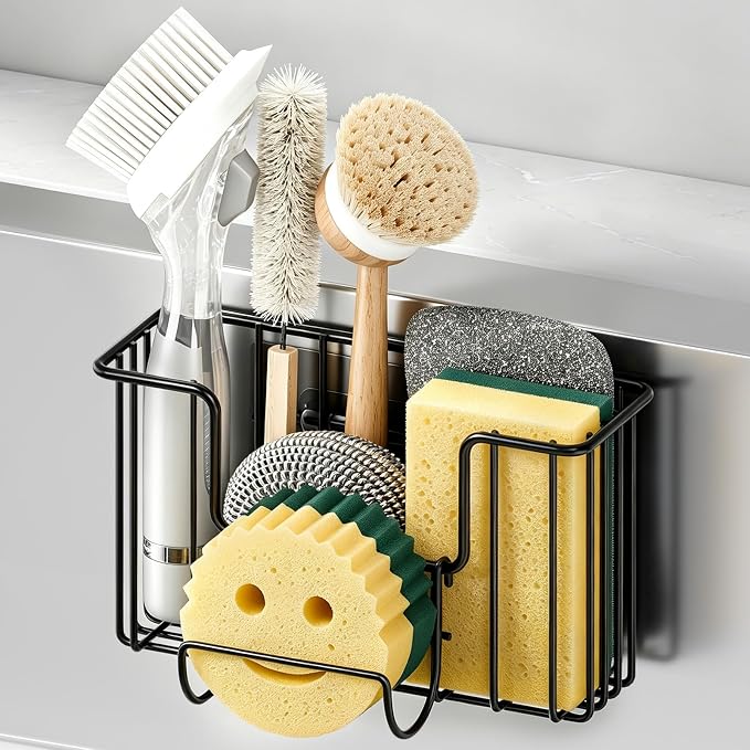 Fikoksol Sponge Holder for Kitchen Inside Sink Hanging with Adhesive Hook | Multifunctional Kitchen Sponge Caddy for Brush Storage, Metal Deep Non-Rust Kitchen Sponge Organizer Rack In Sink Accessory