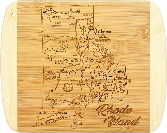 Totally Bamboo A Slice of Life Rhode Island Engraved Map Cutting Board | 11” x 8.75” charcuterie board with engraved state map artwork. Smooth reverse side for food prep. Hang tie for wall display.