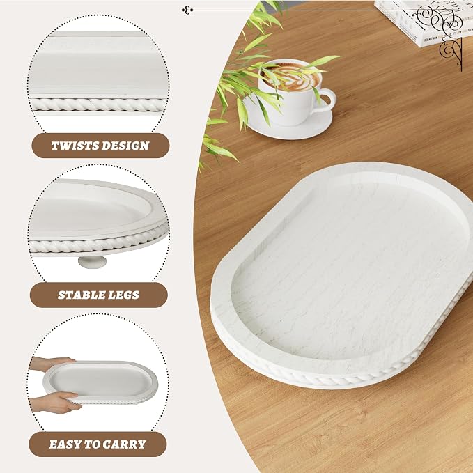 Urban Deco Oval Wooden Decorative Tray Set of 2 | Farmhouse Vintage Decorative Tray Stand for Coffee Table, White Serving Tray for Living Room Kitchen Home Decor