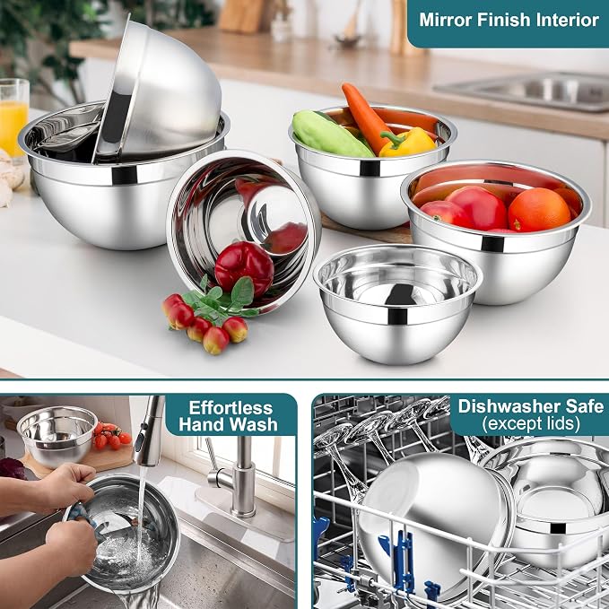 LIANYU 6 PCS Stainless Steel Mixing Bowl, Large 7, 3.5, 2.5, 2, 1.5, 1 QT | Metal Bowls Set, Kitchen Nesting Bowls for Salad Cooking Prepping Food Storage, Dishwasher & Freezer Safe, Blue
