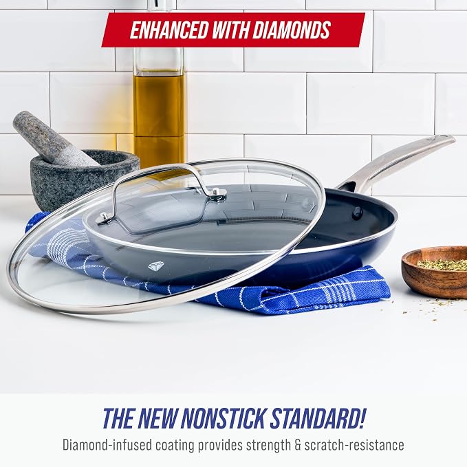 Blue Diamond 12" Diamond Ceramic Nonstick Frying Pan Skillet with Lid, Blue | PFAS-Free Ceramic Nonstick, Dishwasher & Oven Safe, Stay Cool Handle, Durable Metal Utensil Safe, Egg & Omelet Pan