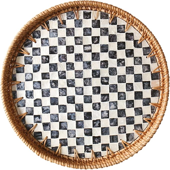 Round Rattan Tray with Mother of Pearl Inlay, Wooden Base | Coffee Table Serving Tray, Home Decorative Wicker Woven, for Outoor Patio Decor