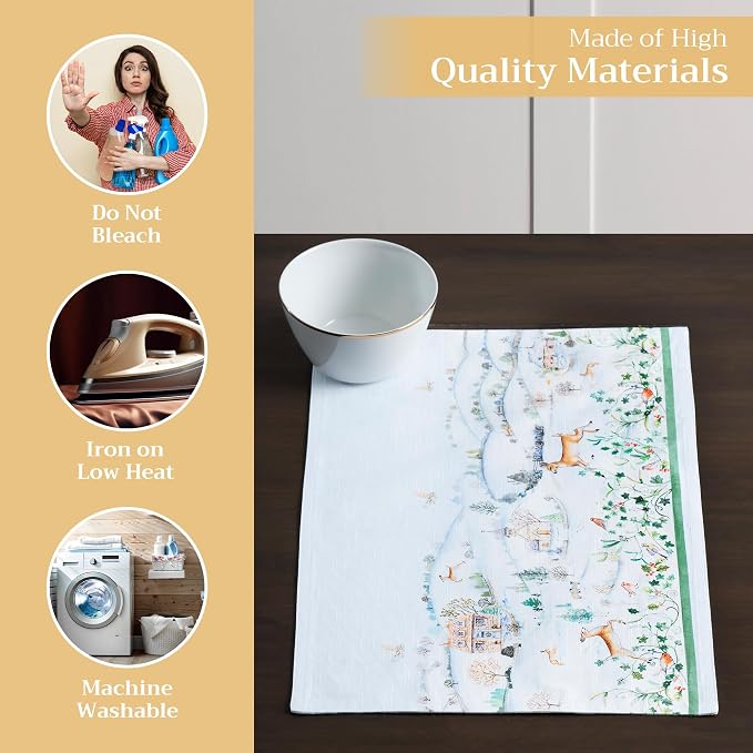Maison d' Hermine Placemats Set of 4 Reusable 100% Cotton (13"x19") | Cloth Place Mats Washable Table Mats for Kitchen Dining Party Wedding Hotel Home Thanksgiving Christmas - Snowy World