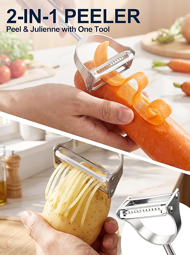Stainless Steel Vegetable Peeler, 2-in-1 Multifunctional Vegetable Peeler & Julienne Peelers with Straight Edge and Serrated Blades, Fruit Carrot Potato Veggie Peelers Slicer Tool for Kitchen