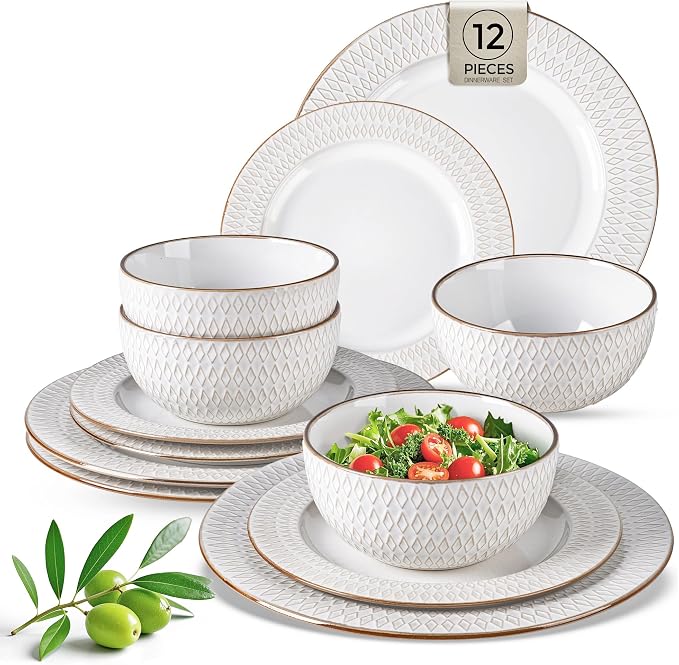GBHOME Ceramic Dinnerware Sets of 4,12 pcs Plates and Bowls Sets Dishes | Embossed Elegant Stoneware Dishes Set | Dishwasher & Microwave Safe | Service for 4
