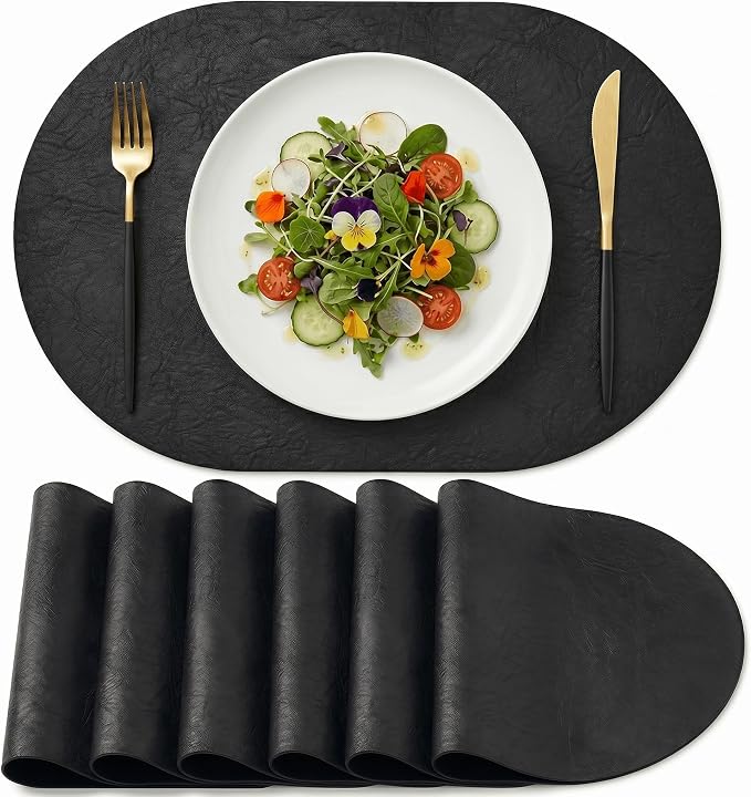 Artoid Mode Black Faux Leather Oval Placemats Set of 6, 12 x 18 Inch Waterproof Wipeable Heat Resistant Vinyl Place Mats, Reversible Table Mats for Kitchen Dining Decor