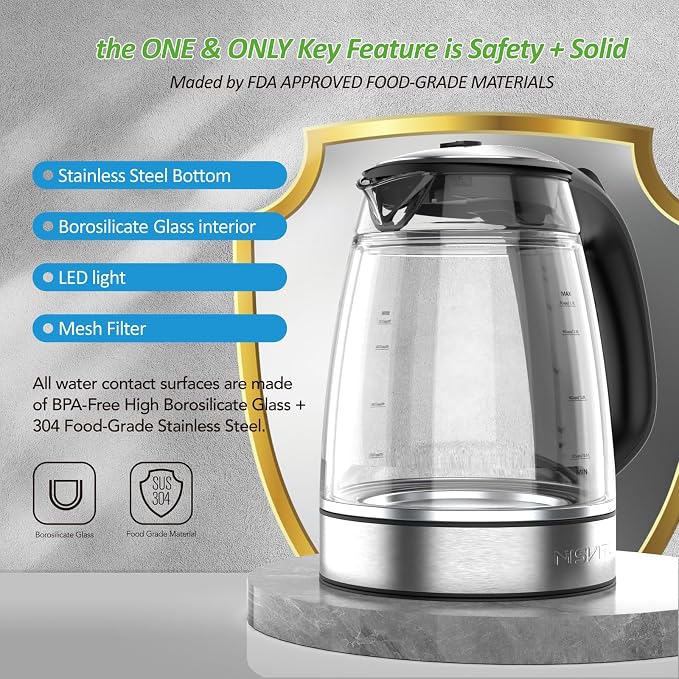 NISVITU 1.7L Dual Wall Cool Touch BPA-Free Electric Kettle, Black | Glass Inner+PC Outer, 1500W Fast Boil Cordless Hot Water Boiler Electric Tea Kettle, Auto Shut-Off+Keep Warm