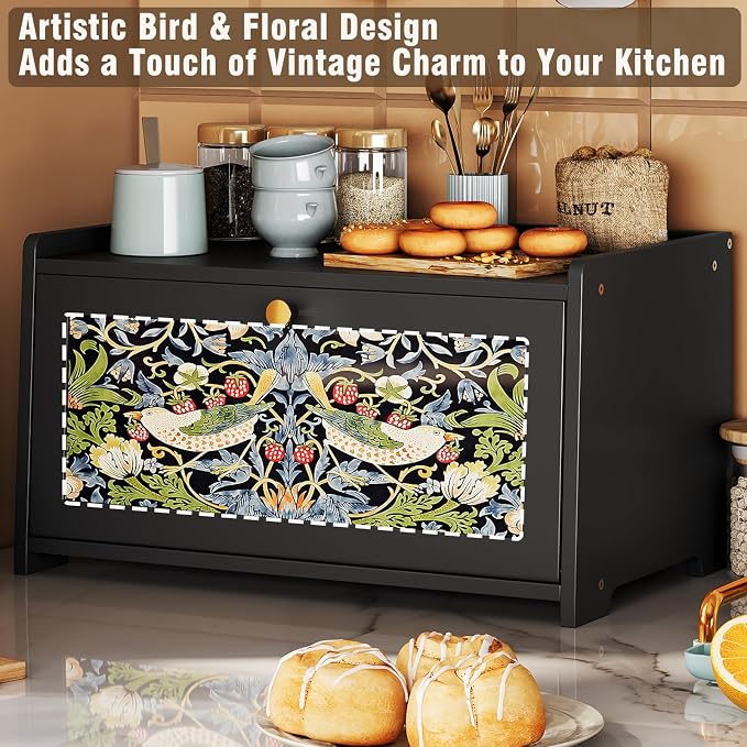 Trironsun Bread Box for Kitchen Counter Black Bread Storage Container with Acrylic Door William Morris Flower Bird Design Farmhouse Breadbox Organizer (Black)
