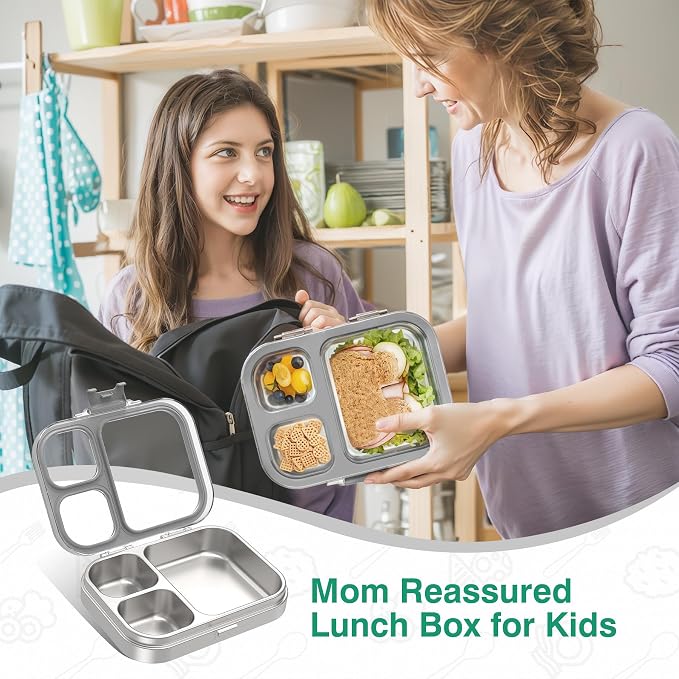 HOMEKOL Stainless Steel Bento Lunch Box, Grey, 3.3Cups | 3-Compartment,Leak-Proof, for Kids & Adults, BPA-Free, Dishwasher Safe, Clear Tritan Lid, 800ml (Not Insulated)