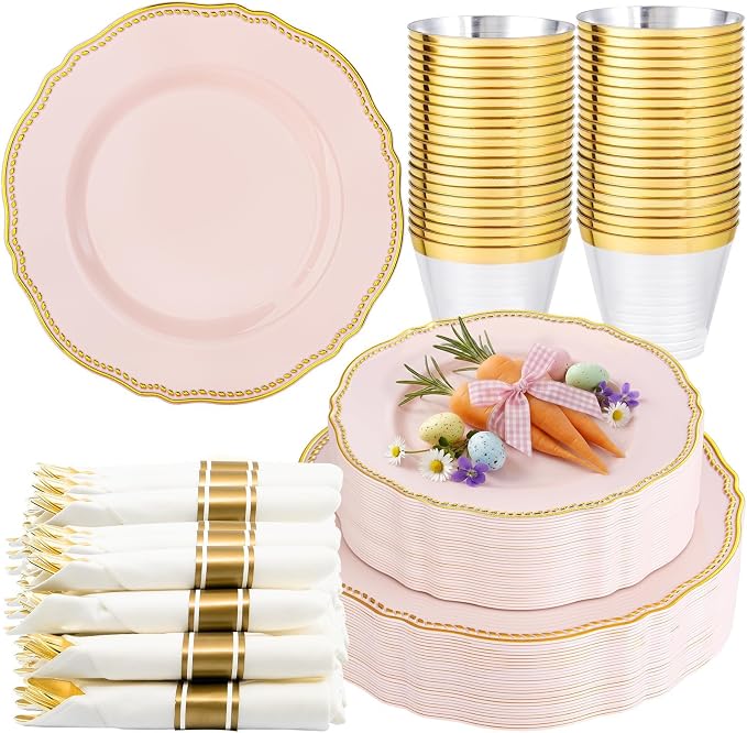 175 Pcs Pink and Gold Plastic Plates Wedding & Party | Pink Plastic Dinnerware Set Includes 25 Dinner Plates, 25 Dessert Dinnerware, 25 Cups, 25 Napkins