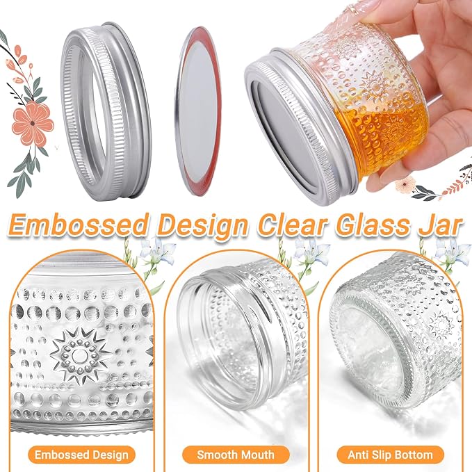 4 oz Small Embossed Mason Jars 40-Pack with Airtight Lids, Leakproof | Mini Canning Jars, Reusable, for Jam/Jelly/Honey, Spices, DIY Candles, Wedding Favors & Gift Packaging