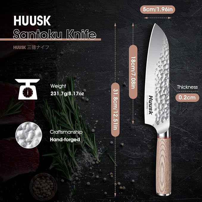 Huusk Japanese Chef Knife for Kitchen, 7" Sharp Stainless Santoku Knife | High Carbon Blade, Cooking Knife for Vegetable & Meat Cutting with Wood Handle, Gift Idea for Cooking Lovers