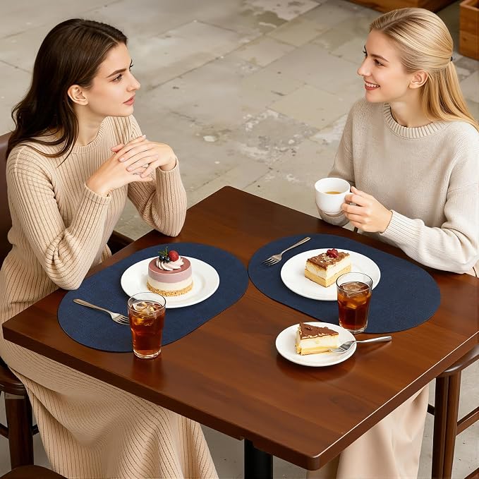Placemats Set of 4, 11.8 x 17 Inch, Navy | Heat Resistant Oval Faux Leather Place Mats, Waterproof Wipeable Reversible PU Placemat, Indoor & Outdoor