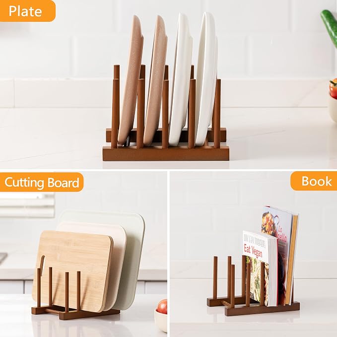 HBlife 4 Packs Teak Wooden Dish Drying Rack Stand Kitchen Plate Organizer | 4 Slots, Vertical Dish Racks for Cabinet Countertop & Wall, Plate Pot Lid Cutting Board Holder, Bowl Cup Drainer, Keep Dry