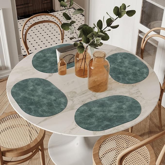 ADRIMER Placemats, Heat Resistant Oval Placemats Set of 8 Washable 12 x 17 Inch, Waterproof Table Mats, Wipeable Pu Place Mats for Kitchen, Dining Room, Blue & Green