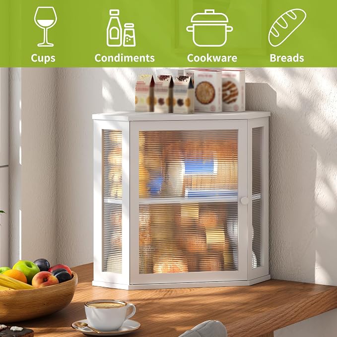 BMOSU Corner Bread Box for Kitchen Countertop Double Layer Bamboo Wooden Bread box Large Capacity Bread Storage Bin(White, Extra Large)