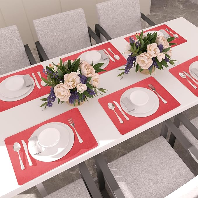 Maxpearl Faux Leather Placemats Set of 8, Easy to Clean, Light Red | Waterproof - Heat Resistant - Non Slip - Wipe Clean Dining Table Place Mats, Suitable for Indoor & Outdoor Use, 17''×12''