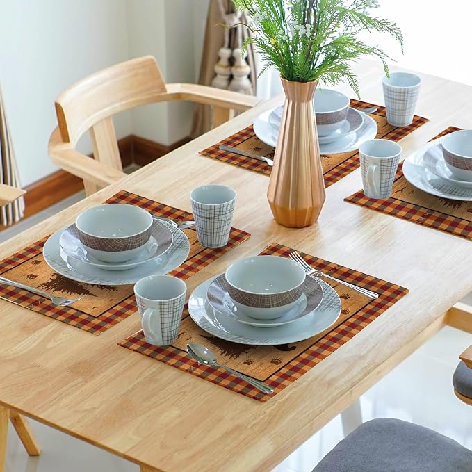 Rustic Bear Forest Pine Tree Placemats Set of 4, Wildlife Paw Print Buffalo Plaid Table Place Mats 18 x12 Inch Heat Resisting Non-Slip Table Mats for Party Holiday Kitchen Farm Indoor Decor