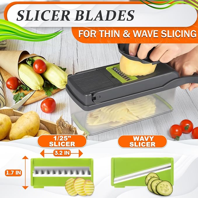 14-in-1 Vegetable Chopper with Container, 6 Blades & Finger Guard | Veggie Chopper with Container and Lid, Cheese Grater & Egg Separator, Dishwasher Safe, Dices Onion, Potato, Chips & Cubes