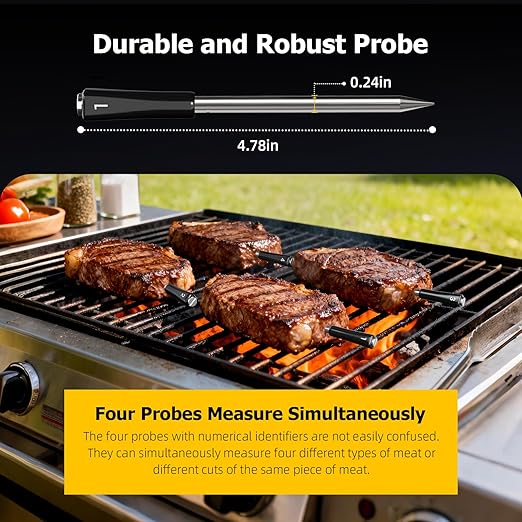 Wireless Meat Thermometer with APP Control，4 Probes Meat Thermometer Digital, Unlimited Range WiFi & Bluetooth Meat Thermometerfor for Rotisserie, Grill, Oven, Smoker, BBQ, Air Fryer