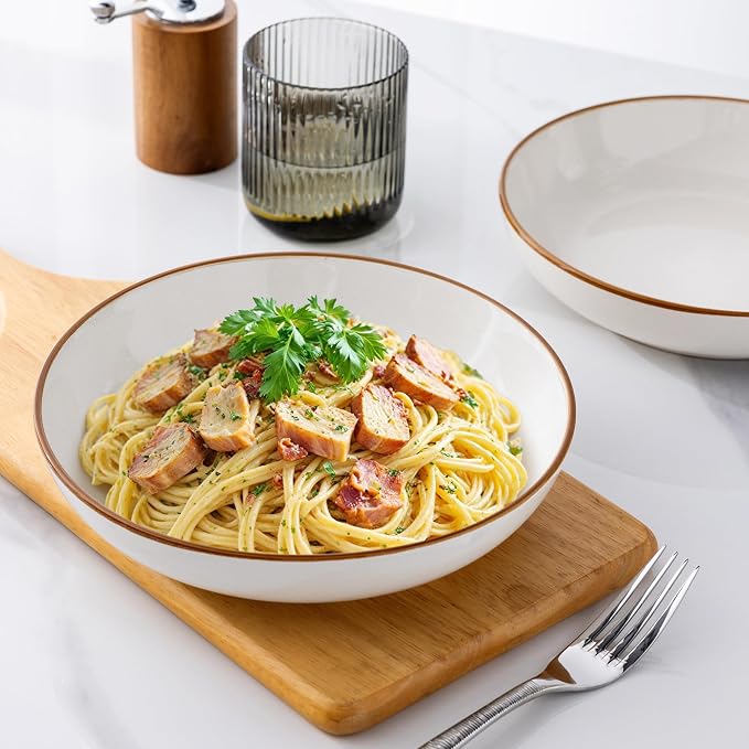 AmorArc 8.5’’ Ceramic Pasta Bowls Set of 6, 36oz Large Stoneware Bowls Set | Large Dinner Serving Bowls Set, Wide Bowl Plate for Pasta,Salad, Soup, Microwave Safe, Reactive Glaze-Pearl White