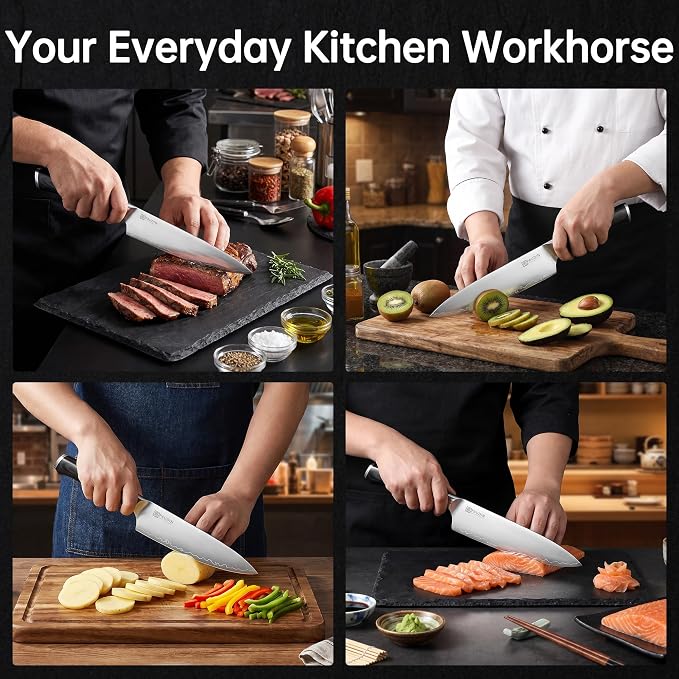 PAUDIN Chef Knife 8 Inch, Ultra Sharp Kitchen Knife 62 HRC, Multi-Layer High Carbon Steel Professional Chefs Knife with Full Tang Ergonomic Wood Handle, Meat Vegetable Slicing Knife,Gift for Men Women