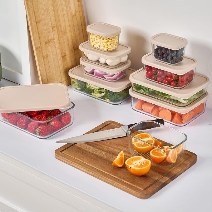 Glass Food Storage Containers with Lids — 12 Piece — 17.6 oz Glass with BPA-Free Leakproof Stackable Lids — Microwave, Oven & Dishwasher Safe — Ideal for Meal Prep & More - Cashew Cream