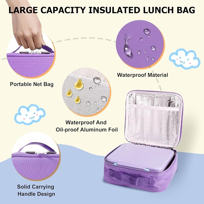Bento Lunch Box for Kids with Thermo, Leakproof Bento Box with 8oz Insulated Food Jar, Lunch Bag, BPA Free Dishwasher Safe 4 Compartment Container for School Girls Boys (Purple)