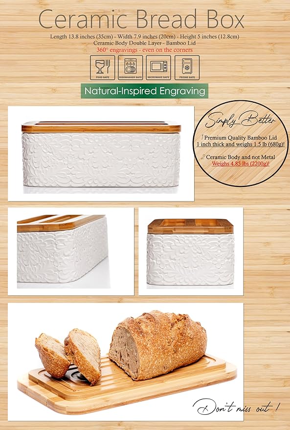Engraved Ceramic Bread Box for Kitchen Countertop - Multipurpose Bread Storage Container with Thick Bamboo Cutting Board Lid - Elegant Bread Bin with Nature-Inspired Engraving - 13.8" x 7.9" x 5"