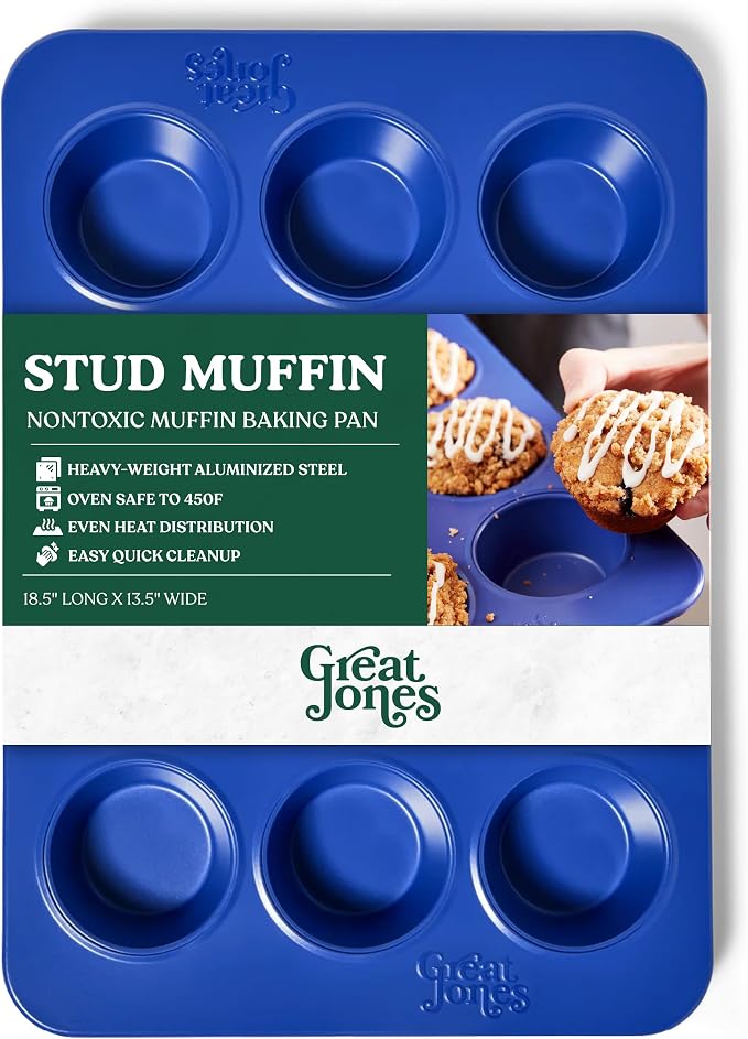 Great Jones Nonstick 12-Cup Muffin Pan (Blueberry) | Non Toxic | Blue Cupcake Pan with Dual-Layer Nonstick Coating | Oven-Safe to 450°F | Warp-Resistant & Easy Cleanup