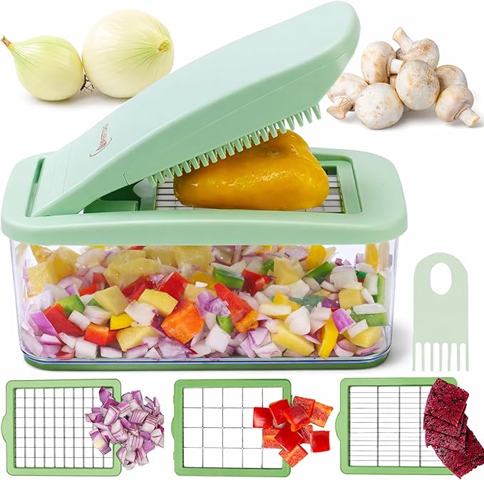 Onion Chopper Vegetable Dicer: Brieftons QuickPush Push-Down Food Chopper, Green, 3 Extra Large Blades, 200% More Cutting Area, 2.6-Quart Container, No Electricity, 12mm/23mm Dice & 6mm Slice