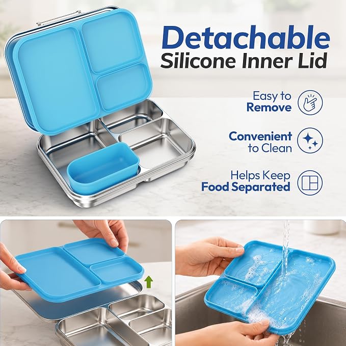 Stainless Steel Bento Lunch Box for Kids and Adults,3 Compartment Meal Lunch Box with Detachable Silicone Lid,Leak-Resistant Food Container with Snack Cup for School,BPA-Free(Blue)