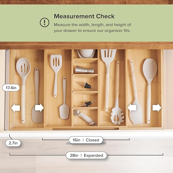 Utensil & Junk Drawer Organizer, 16-28 in, Bamboo | Food-safe contract grade, 100% sustainable wood, non-slip, adjustable