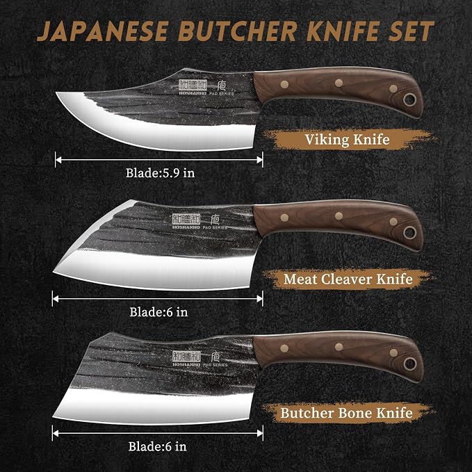 HOSHANHO Butcher Knife Set, 3PCS Knife Set of Bone & Cleaver & Viking Knife | High Carbon Steel Serbian Chef Knife Set of Heavy Duty Chopping Knife for Home, Cooking, Outdoor Camping BBQ