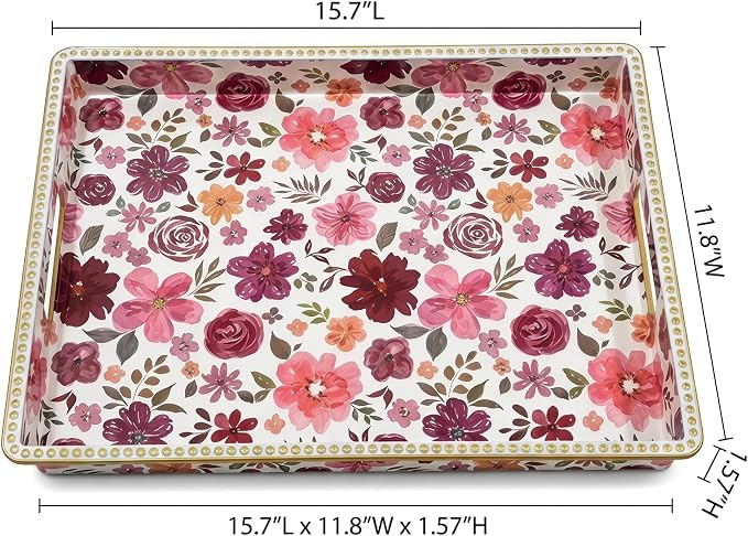 Rectangular Plastic Serving Tray with Handles, Burgundy Watercolor Floral Print with Gold Rim, Vintage Tray for Breakfast, Coffee, Tea, Home Decoration and Party, 15.7" x 11.8" x 1.57"