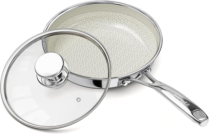 8 Inch Non Stick Frying Pan with Lid, Hybrid Stainless Steel Skillet | Ceramic Hybrid Tri-Ply Stainless Steel Nonstick Skillet, Metal Utensil Safe, Induction & Oven Safe, PFAS/PFOA/PTFE Free