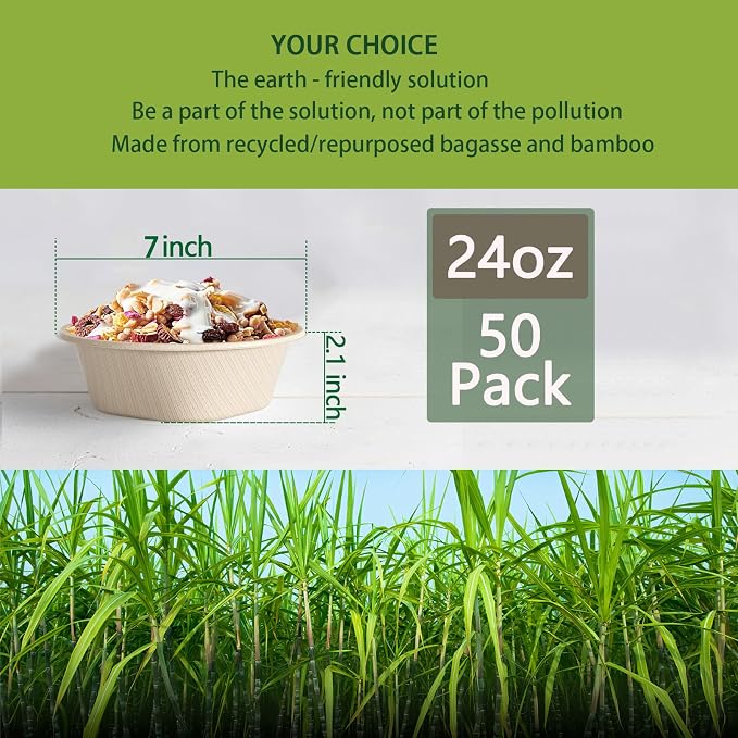Disposable Bowls 24 Oz [50 Pack] - Compostable Bowls, Heavy Duty Paper Bowls Microwave Safe BPA-Free Eco Dinnerware for Kids Meals & Food Trucks (White)