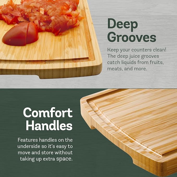 Bamboo Cutting Boards for Kitchen, Non Toxic Wooden Chopping Board Meat Set | Deep Juice Groove, Knife-Friendly, Reversible Butcher Block, Side Handles, Serving, Food Prep, Vegetable, Fruit, Meat, Cheese