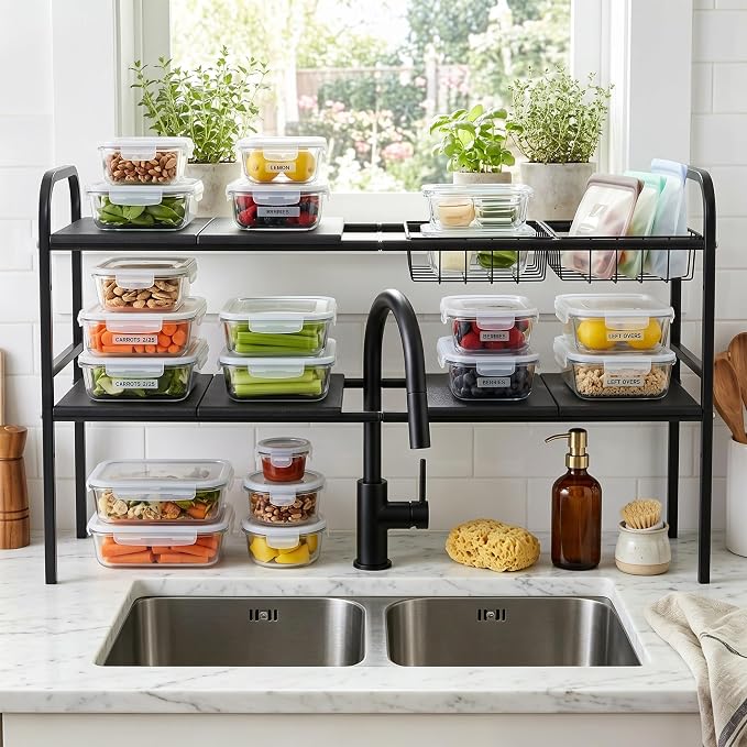 Expandable 2 Tier Under Sink Organizer, Black, 28.74-34.5 Inch Width | For Kitchen and Bathroom, 2 Storage Baskets, 6 Removable Panels, Adjustable Height Metal Shelf, Fits Pipes
