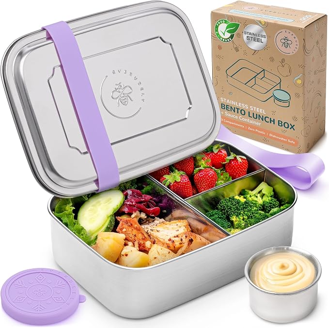 Stainless Steel Bento Box + Condiment Container - Lavender, 47oz / 1.4 L | Everusely large metal lunch box, leakproof sauce container, 3 compartment snack organizer, freezer & dishwasher safe