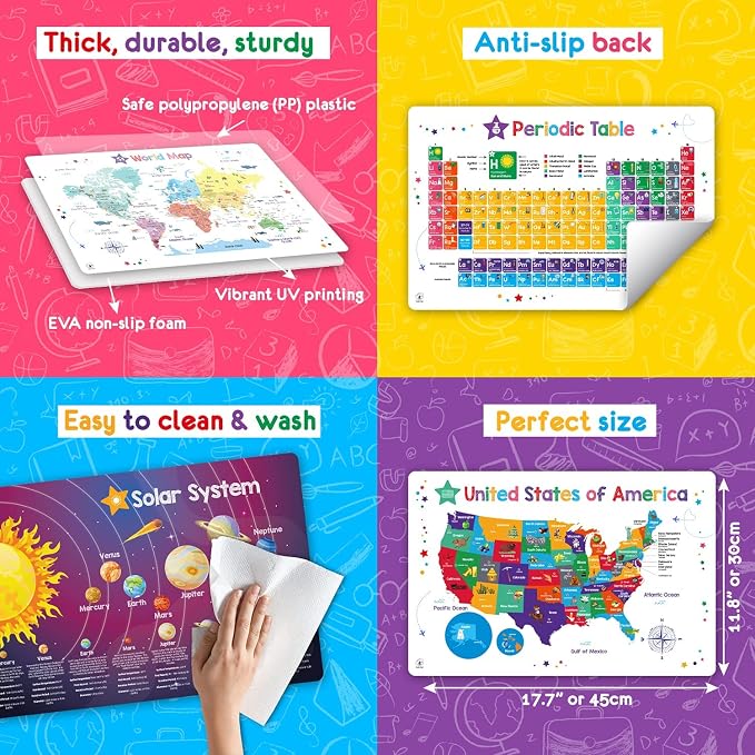 Simply Magic 5 Educational Placemats for Kids - Kids Placemats Non Slip | Kids Placemats for Dining Table, Wipeable Reusable Plastic Learning Place Mats: USA, World Map, Periodic Table, Solar System