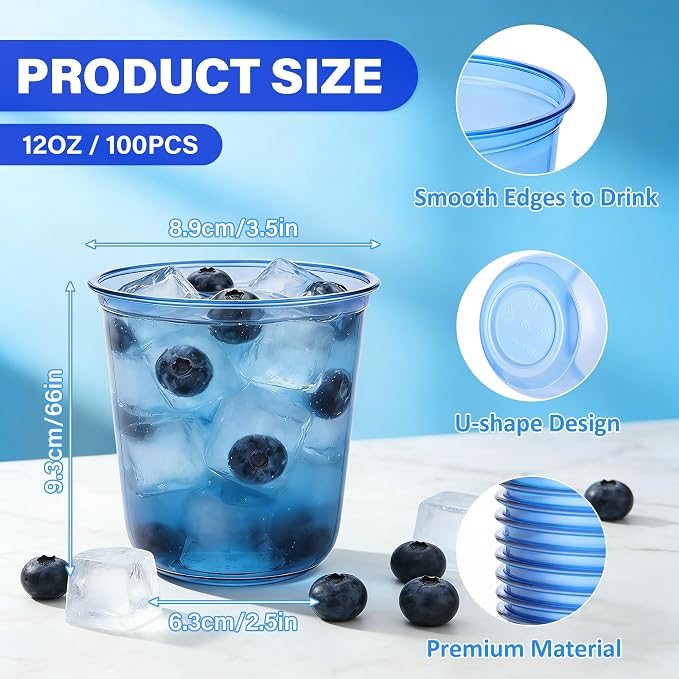 KesaPlan 100Pcs 12oz Blue Plastic Party Cups, Disposable Wine Cocktail Cups | Cute Crystal Wine Stemless Glasses, Round Bottom PET Cold Drink Cups for Wedding Birthday Meeting Christmas Baby Shower Party
