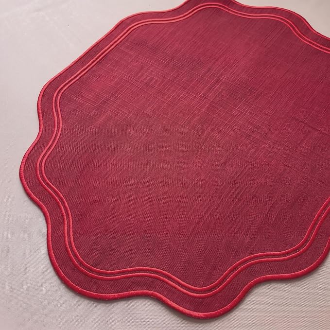 6 Pcs Wine Red Wedding Placemats Scalloped Embroidered Cotton Linen Placemats 17" x 13" Double Layered Machine Washable Table Place Mat for Party Table Decor (Cotton)