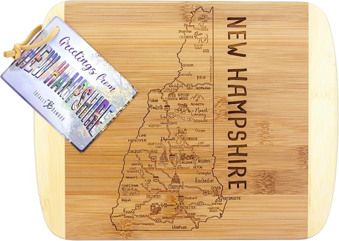 Totally Bamboo A Slice of Life New Hampshire Engraved Map Cutting Board | 11” x 8.75” charcuterie board with engraved state map artwork. Smooth reverse side for food prep. Hang tie for wall display.