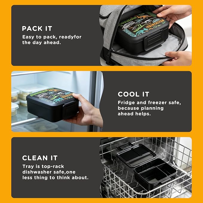JXXM Bento Lunch Box for Kids With 8oz Soup thermo,Leak-proof Lunch Containers with 5 Compartment,thermo Food Jar and Lunch Bag, Food Containers for School (A-Black(Dinosaur Fossil))