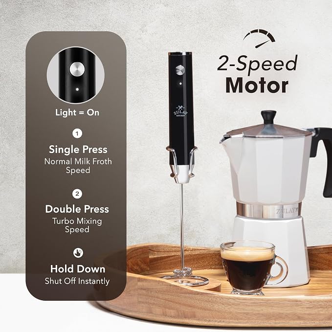 Zulay Kitchen Rechargeable Milk Frother Handheld - Frother Wand, Drink Mixer, Electric Whisk Frother, for Cappuccinos, Matcha & Protein Powder - Lux 4 Whisk 2 Speed Waterproof 2000mAh Alpha Black
