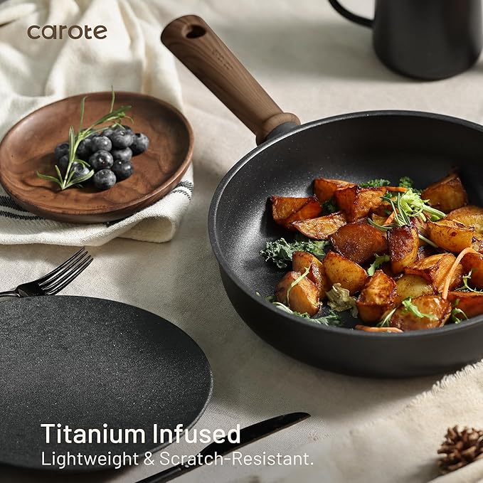 CAROTE 16pcs Pots and Pans Set, Nonstick Cookware Sets | Titanium Reinforced Coating, Scratch-Resistant, Easy to Clean, Even Heating, Induction Compatible, with Frying Pans Set