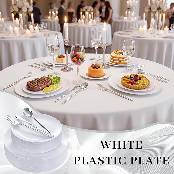 White Plastic Plates,Nice Disposable Plates with Silver Silverware | Premium Disposable Plates Include 30 Dinner Plates,30 Dessert Plates, 90 Plastic Silverware Set for Wedding, Events