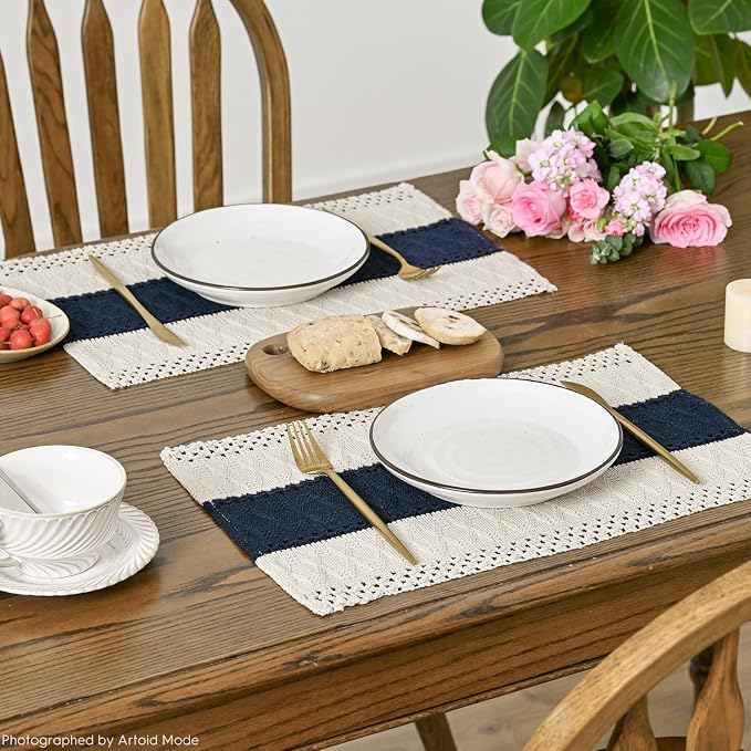 Artoid Mode Dark Blue Farmhouse Rustic Placemats Set of 4,12x18 Inch Seasonal Holiday Hollow Table Mats Party Kitchen Dining Decoration